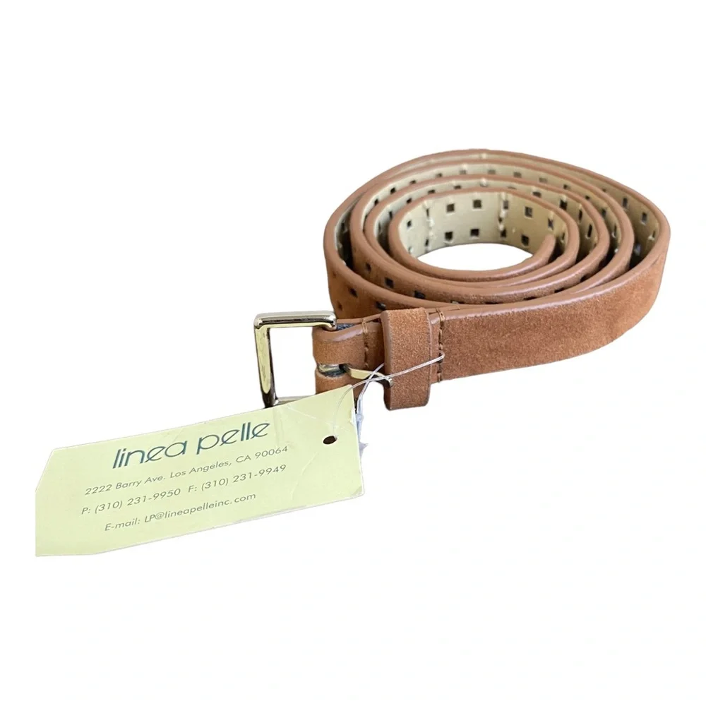 Linea Pelle Brown Faux Suede Leather Square Notch Square Silver Buckle‎ belt